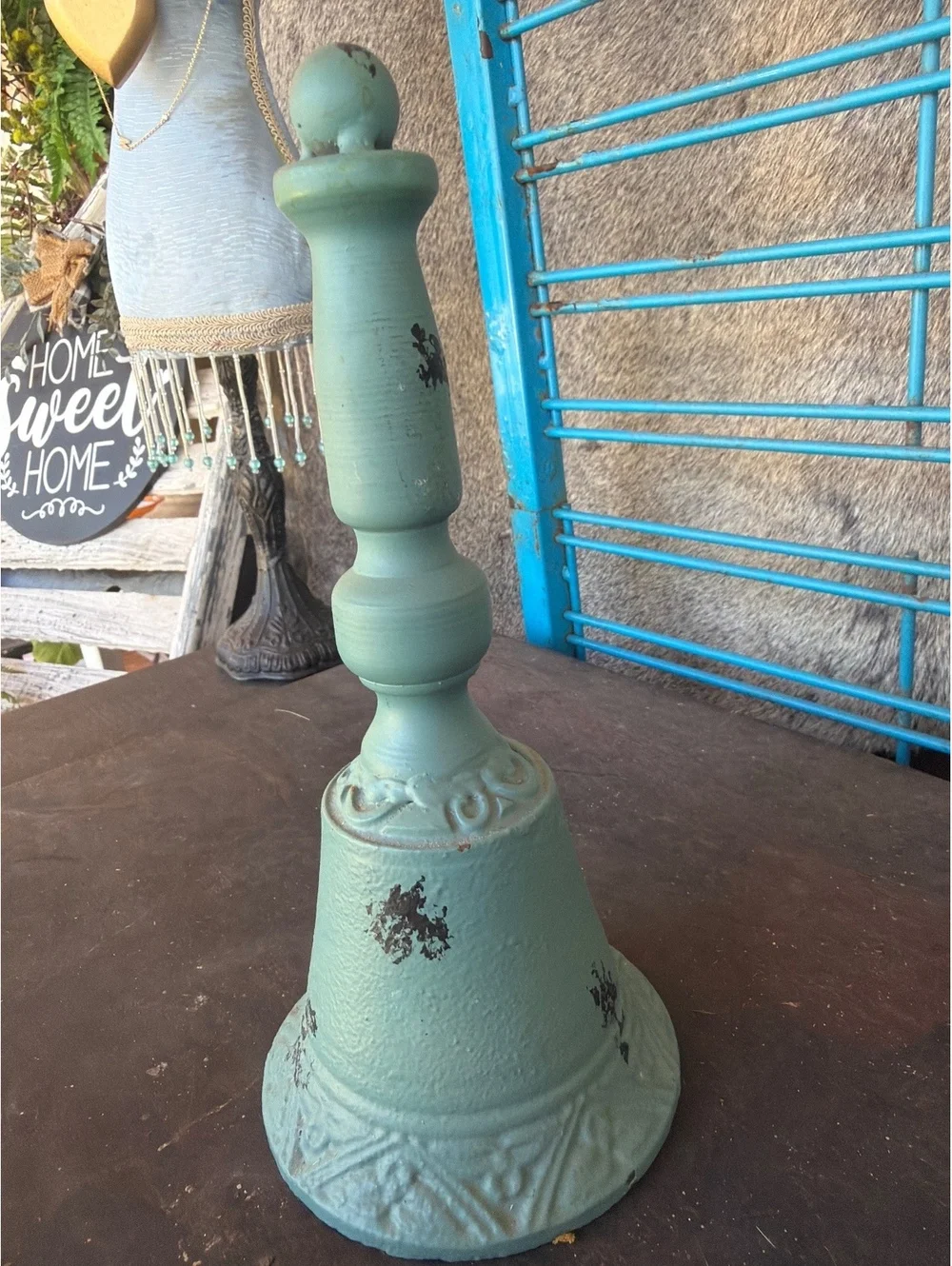 Vintage Green Cast Iron Dinner Bell with Handle